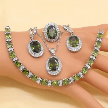 Nové Olivový Zelený Zirkón 925 Sterling Silver Šperky Set pre Ženy, Náramok, Náušnice, Náhrdelník Prívesok, Prsteň Darček k Narodeninám