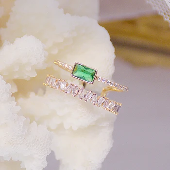 Bohemia Emerald Green Crystal Ženy Krúžok Dvojité Transparentné Vrstvy Zirkón Elegantné Bague Anillos Lesk Svadobné Svadobné Šperky