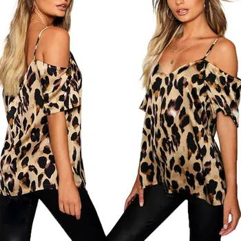 2020 Módne Ženy Plus Veľkosť Letné tričko Leopard Tlač Studenej Ramenný Topy t shirt Ženy Oblečenie(S-5XL)