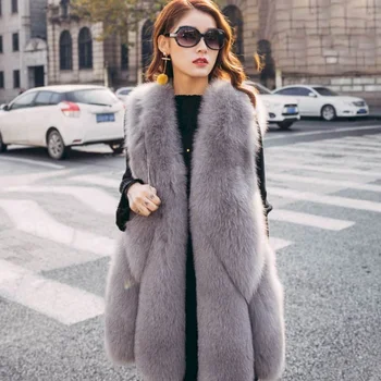 Nový kožušiny vesta ženy imitácia fox kožušiny high street strednej dĺžky vesta veľkosť kožušinové vesty bundy vesty na jeseň zima žena