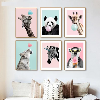 Baby Škôlky Wall Art Roztomilý Kreslený Zvierat Obrázky Bubblegum Žirafa Panda Plagáty Zeabra Plátno Na Maľovanie Pre Dieťa Spálňa Decor