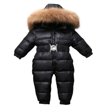 Dieťa onesie dole kabát kožušinovou kapucňou hrubé biele kačacie snehu nosenie pre 9-24month deti novorodenca batoľa Zimná páperová bunda vrchné oblečenie
