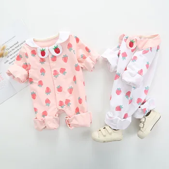 Sladké Roztomilý Baby One-Piece Jar Jeseň Oblečenie Novorodenca Jahoda Výšivky Ružová Romper Toddle Vyhovuje Dievčatá Bavlna Kombinézach