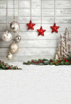 Laeacco Zimné Vianočné Hviezda Loptu Borovice, Šedá Drevené Podlahy Zime Sneh Strany Dieťa Portrét Pozadie Fotografie Pozadia