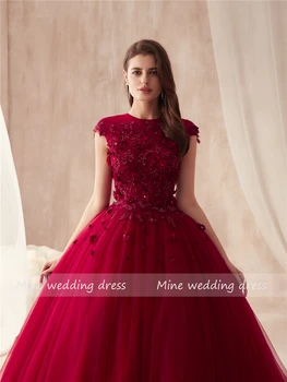 2021 O-krku guľové Šaty Vínovo Svadobné Šaty s farebnou 3D Kvety Nášivka s Kamienkami Kryštály Svadobné Šaty Reals