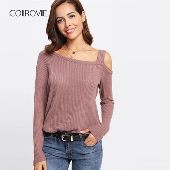 COLROVIE Black Otvorom Asymetrické Krku Ružový T-Shirt Ženy Oblečenie 2018 Jeseň Zázvor Módne Long Sleeve Tee Tričko kórejský Topy