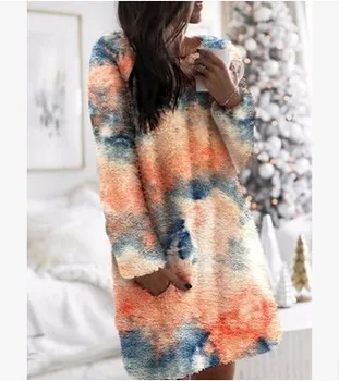 Hirigin 2020 Módne Ženy Teplé Fleece Šaty Elegantné Rovno Plyšové Dlhý Rukáv Kolo Krku Kravatu Farby Dúhy Voľné Teplé Šaty