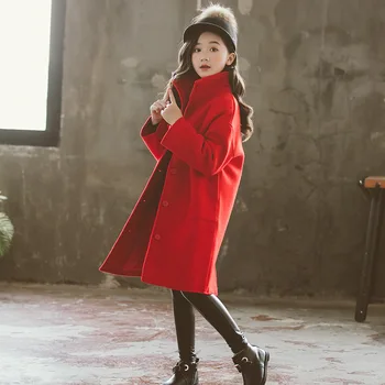 Móda 2019 Šedá Khaki Červená Vlnené Výkopu Coats Batoľa Veľké Dievčatá Vrchné Oblečenie Topy Pre Deti Zahustiť Dlhé Zimné Oblečenie Bundy