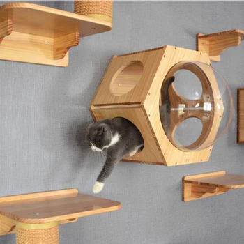Montáž na stenu mačka preliezkami mačka, strom masívneho dreva šesťhranné kabíne mačka stenu mostík pet nábytok