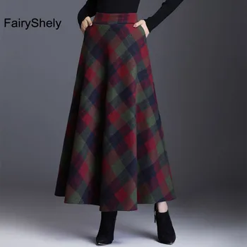 FairyShely 2020 kórejský Vysoký Pás Skladaný Maxi Sukne Ženy Vintage Vrecku Vlnené Plus Veľkosť Sukne ženy Tweed Koberčeky Dlhé sukne