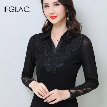 FGLAC dámske Módne tričko dlhý rukáv Oka topy Elegantné slim black Diamond, blúzky, košele plus veľkosť ženy, topy a blúzky