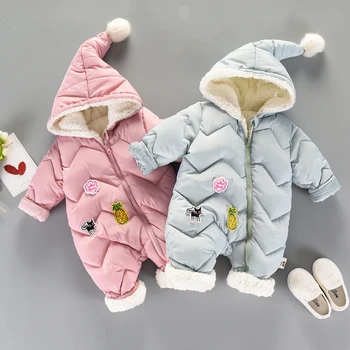 Nové Roztomilé Dieťa Zime s Kapucňou Remienky Hrubé Bavlna Teplé Oblečenie Novorodenca Jumpsuit Trakmi Snowsuit Dieťa Dievča oblečenie 0-24M