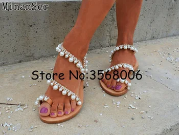 Ručné Ženy Pearl Svadobné Sandále Slip-on Ring Prst Drahokamu Ozdobené Lady Bytov Gladiator Sandále Letné Plážové Topánky