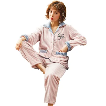 Veľké Dievča 2ks Pijamas Mujer Voľný čas Študentov Pajama Ženy Pajimas Sady Zimných Flanelové Hrubé Coral Dlhý Rukáv Roztomilý Sleepwear