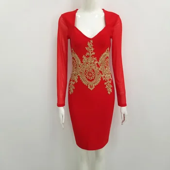 Vysoká Kvalita Celebrity Red Long Sleeve Zlato Rayon Obväz Šaty Návrat Domov Party Šaty