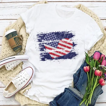 Ženy Grafické Dievča Vlajku USA Americký Lásku Tlač Krátkym Rukávom Letné T-Shirt Topy Lady Dámske Oblečenie Oblečenie Čaj Ženský T Tričko