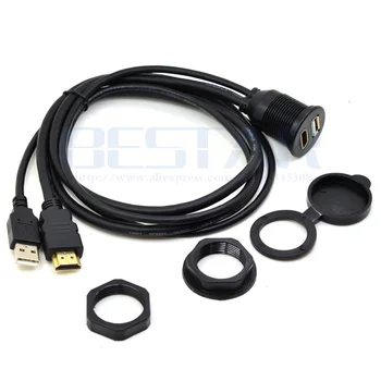 USB 2.0 & HDMI na HDMI + USB2.0 AUX Rozšírenie Prístrojovej dosky Nepremokavé Auto Flush Mount Kábel Pre Auto, Loď a Motocykel - 3 ft 1 m