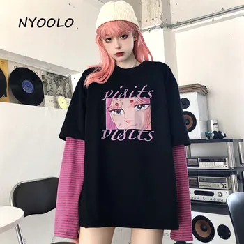 NYOOLO Anime dievča listov tlač prekladané falošné 2 kusy patchwork dlhý rukáv t-shirt ženy Harajuku streetwear pulóvre topy čaj