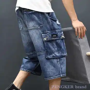 Letné teľa-lenth nohavice otvor denim šortky mužov plus veľkosti 4XL pánske šortky trend retro vrecku žobrák hip hop džínsy