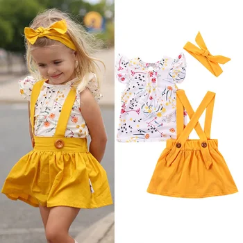 Letný Detský Baby Girl Šaty Sady Dievčatá Oblečenie Oblečenie Kvet T-Shirt +Popruh fkirt & hlavový most 3ks Módne Batoľa Tepláková súprava