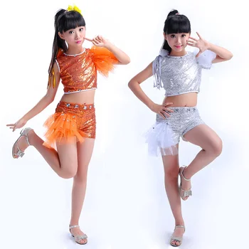 Silver orange Sequin Jazz Tanečné Kostýmy Pre Dievčatá Hip Hop Deti Moderné Tanečné predstavenie Tanečného Dievča Fáze Dancewear