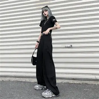 QWEEK Punk Gothic Nohavice Ženy Hip Hop Black Širokú Nohu, Nohavice S Reťazca Hippie Plus Veľkosť Japonský Streetwear Voľné Cargo Nohavice