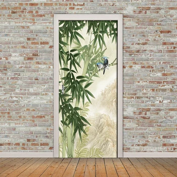 Bamboo Forest Vták Dvere Nálepky Tapety Obývacej Izby, Spálne, Dvere, Stena Nálepky Nástenná Maľba Obtlačky Pre Domova Plagát