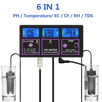 6 v 1 PH Meter Monitor pre Test PH / Teplota / ES / CF / RH / TDS Digitálnej Kvalite Vody Multi-parameter Tester 30% off
