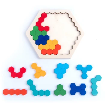 Drevené Puzzle IQ Hexagon Puzzle Honeycomb Tvar Tangram Rada Hračka Zaujímavé Changeful Puzzle, Hračky pre Deti, Dospelých, Vzdelávanie