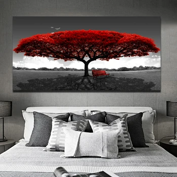 Moderné Umenie Červený Strom Lavičke Krajiny Plátno na Maľovanie Čiernej a Bielej Plagáty a Tlačí na Steny Umenie Fotografie pre Domáce Dekorácie
