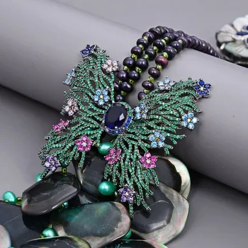 GG Šperky 3Strands Black Top-vŕtané Barokový Shell Zelená Čierna Perlový Náhrdelník CZ Pripraviť Motýľ Brošňa Prívesok Ženy Šperky