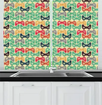 Béžová Multicolor Hráč Kuchyňa Závesy, Digitálne Ilustrácie Retro Štýl Prvky Hry-pad Konzoly Gadget Ovládač pre Kuchyňa