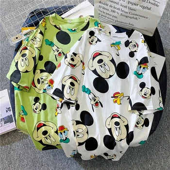 Disney Lete Mickey Mouse Zelená Biela T-shirt Cartoon Vzor Vytlačené Šaty, Polovičný Rukáv, Ružová Kawaii kórejské Oblečenie Top