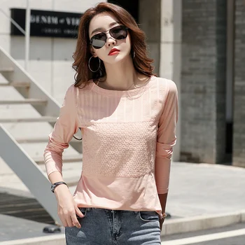 2020 Jeseň Bavlna T-shirt Ženy Slim Patchwork Office Lady kórejský Šaty Vyšívané Šitie Tričko s Dlhým Rukávom Ženy 10852