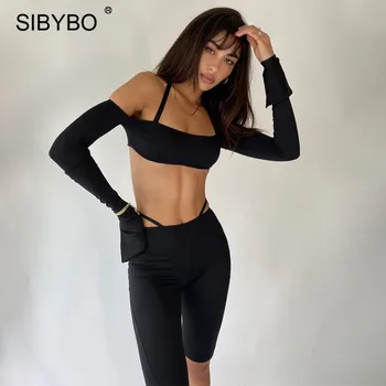 SIBYBO 2 Ks Krátke Set Ženy, Oblečenie Letné Sexy Mimo Ramenný Plodín Top Biker Sady 2020 Žena Black Športový Fitness Tepláky