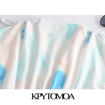 KPYTOMOA Ženy 2020 Elegantný Módy tie-dye Tlač Skladaný Mini Šaty Vintage Krajky-up Rukávmi Elastický Pás Ženské Šaty Vestidos