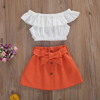 2020 Deti, Baby, Dievčatá Letné oblečenie nastaviť Krátky Rukáv mimo ramenný biela Rozstrapatené Top tričko Orange Luk Šortky Oblečenie súbor 1-6Y