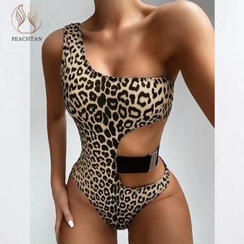 Peachtan jeden kus Leopard plavky žena 2020 monokiny Duté z plavky ženy Sexy brazílske bikini jedného pleca kombinézu