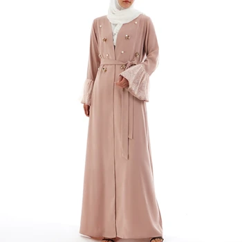 1PCS Flitrami Ženy maxi šaty Islamskej dlhý rukáv abaya Dubaj abaya Exkluzívne čipky perly dizajnu Nových Moslimské oblečenie Otvoriť kimono