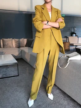 Móda Dve Kus Ženy Sako Vyhovuje Dlhý Rukáv Žltá Office Lady Jednotné Oblečenie Nohavice Sako Vyhovovali Sady