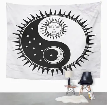 Yin Yang Symbol s Sun Moon Tváre Hviezdy Abstraktné Okultné a Mystické Znamení Black White Duchovné Feng Gobelín Domova Stenu