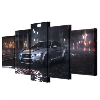 Maľovanie Na Plátno na Stenu Umenie Rám spálňa Domova HD Vytlačené 5 Panel Športové auto Ford Mustang Auto V Daždi Obrázky Plagát