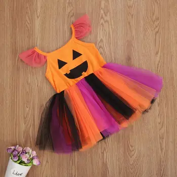 Batoľa Detská Baby Dievčatá Bez Rukávov Oka Šaty Orange Black Patchwork Tekvica Vzor Halloween Festival Dovolenku Bežné Šaty