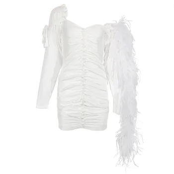 Nezávislé dizajn hodváb perie šaty KylieJenner bez ramienok tlačidlá ozdobené tesný biele mini party club oblečenie sexy top