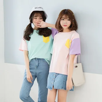 Ženy Topy t shirt Lete Harajuku kórejský Štýl Patchwork Kontrast Farebný Pastel, T košele Kpop Tee Tričko Priateľmi Streetwear