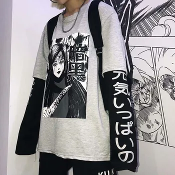 NiceMix Harajuku Mikina Ženy Patchwork Unisex Pulóvre Japonské Anime Tlač Comics Jumper Falošné 2 Kusy Žena Streetwear