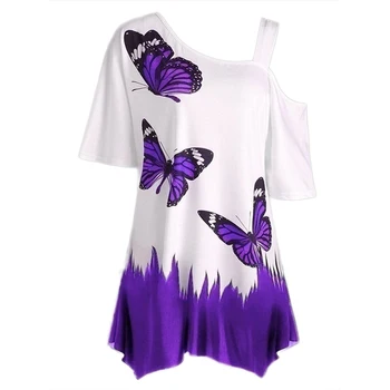 Plus Veľkosť Ženy Motýľ Vytlačiť T-shirt Studenej Rameno Krátke Rukáv Tunika Tee Top