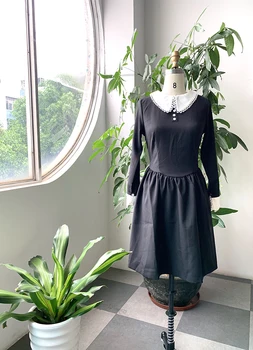 Ženy, Čierna Vintage Šaty Patchwork A-riadok Bežné Peter Pan Golier Office Preppy Štýl Gotické Šaty Módne Jar Jeseň 2020