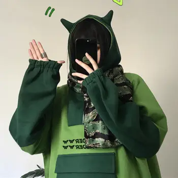 Roztomilý Jeseň Zelená Hoodies Ženy Bežné Hip Hop Kawaii Mikiny Japonsko High Street Harajuku Punk S Kapucňou, Módne Zimné Topy