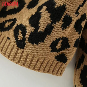 Tangada ženy nadrozmerná leopard cardigan vintage Svietidla rukáv jumper žena pletený sveter kabát 5X14